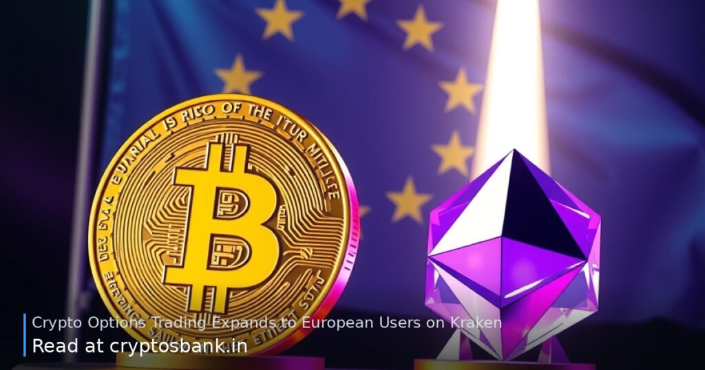 Bitcoin coin and Ethereum crystal on a launchpad with a rocket lifting off in front of an EU flag.
