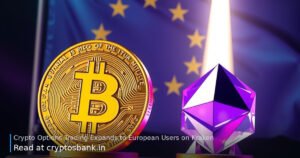 Bitcoin coin and Ethereum crystal on a launchpad with a rocket lifting off in front of an EU flag.