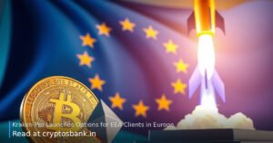Crypto options launch in Europe illustration with coins, a rising rocket, and the EU flag.