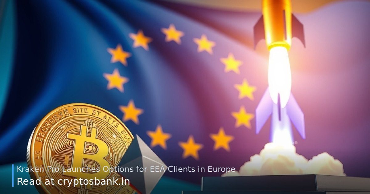 Crypto options launch in Europe illustration with coins, a rising rocket, and the EU flag.