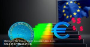 USDC and euro coins at a fork between a glowing green staircase and a dark costly path with the EU flag.