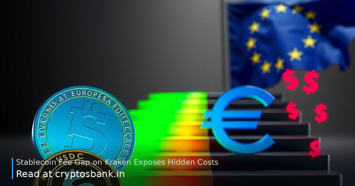 USDC and euro coins at a fork between a glowing green staircase and a dark costly path with the EU flag.