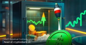 A green USDT coin and small rocket beside a glass vault filled with stock charts and gold coins.