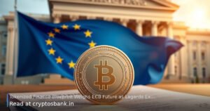 An illustration of a tokenized finance blueprint and coin with the European Union flag in the background.
