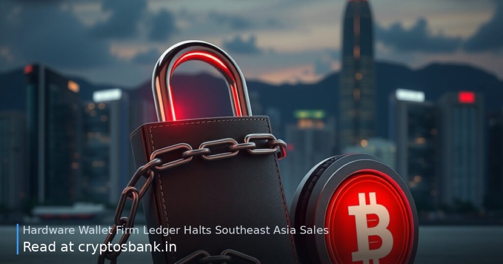 A hardware wallet wrapped in chains next to a broken padlock, with the Hong Kong skyline at dusk.