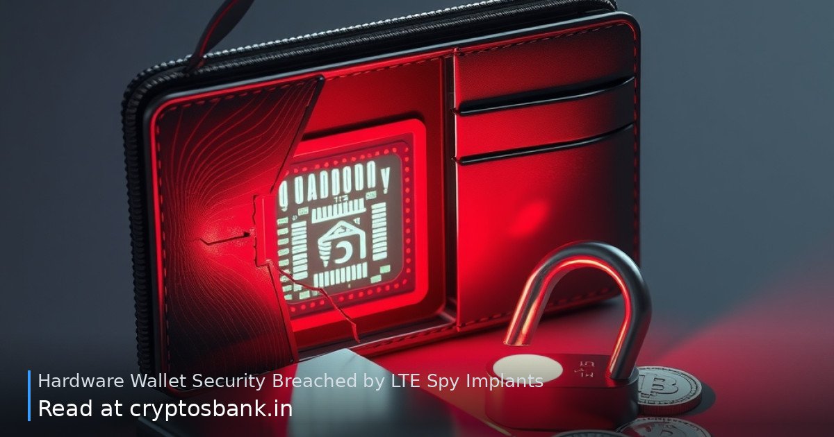 A hardware wallet is cracked open to reveal a hidden spy microchip inside, next to a cracked padlock.