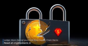 A hardware wallet beside a cracked padlock and shattered glass with red warning light.