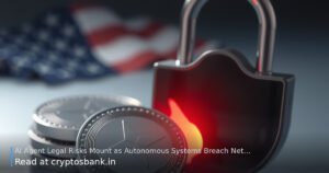 A dark silver crypto coin beside a cracked padlock and shattered shield under red light, with the US flag in the backgr…
