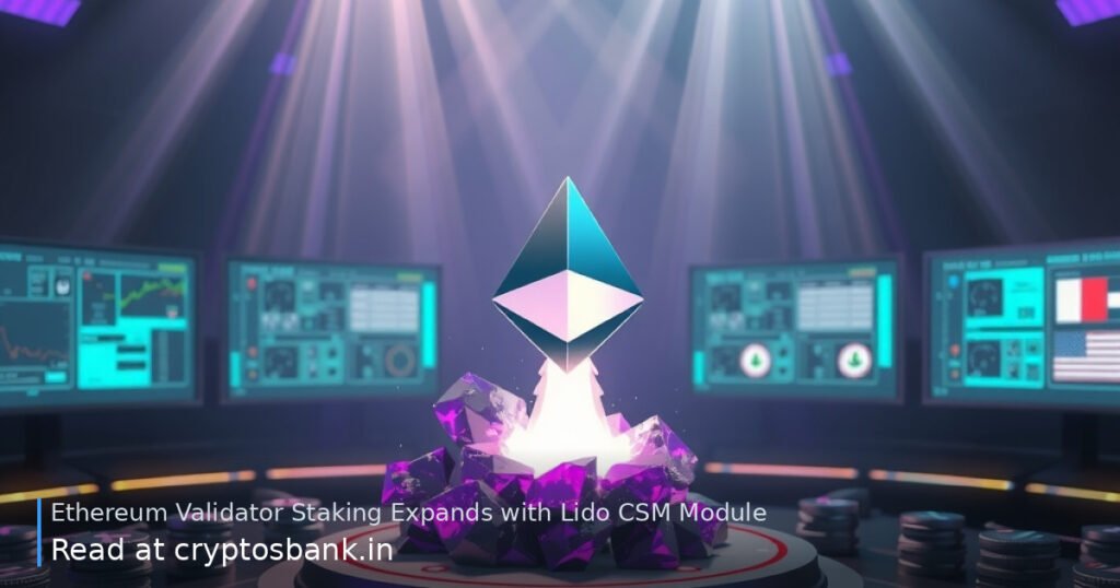 An Ethereum crystal and rocket lifting off from a launch pad, symbolizing a new validator module launch.
