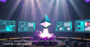 An Ethereum crystal and rocket lifting off from a launch pad, symbolizing a new validator module launch.