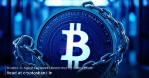 A dark silver abstract coin wrapped in heavy chains behind a glowing digital barrier under cold light.