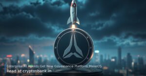 A sleek dark silver coin on a launch pad with a rocket lifting off toward a night skyline.