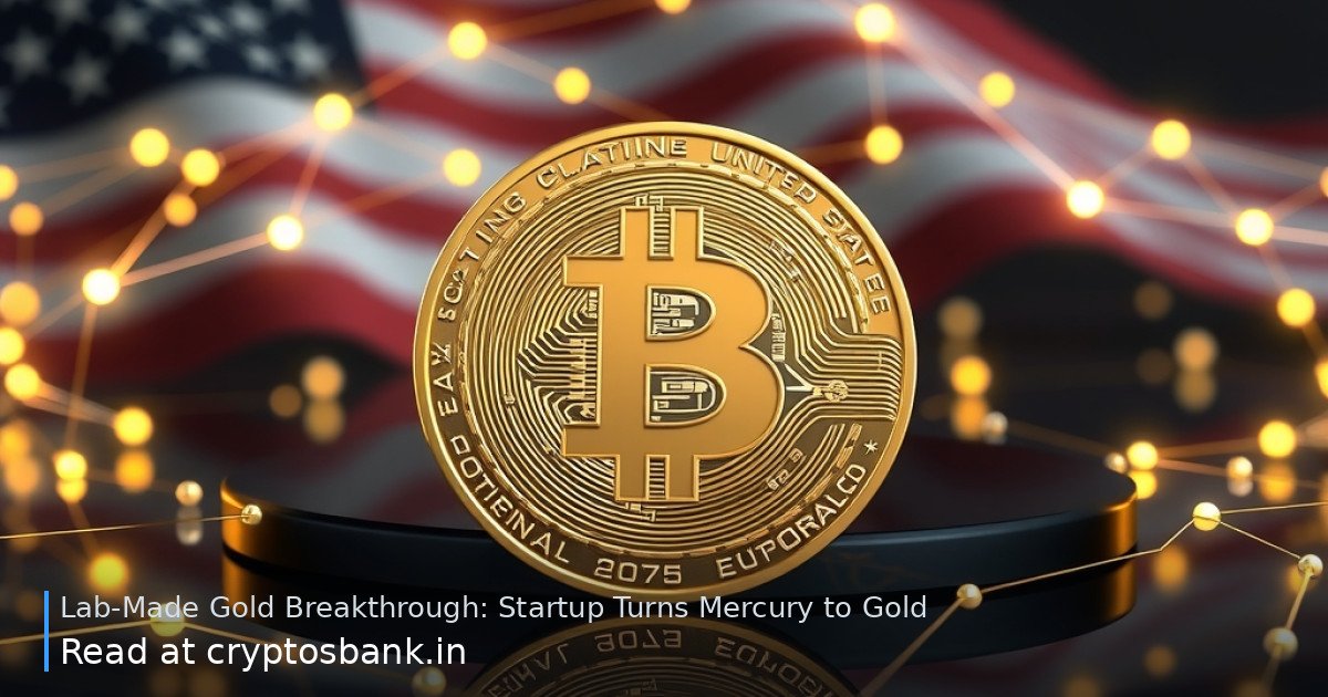 A polished gold cryptocurrency coin with a simple abstract emblem on a dark reflective surface surrounded by a glowing…