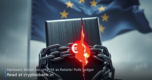 A cracked hardware wallet in chains with the EU flag in the background, illustrating retail tampering reports.