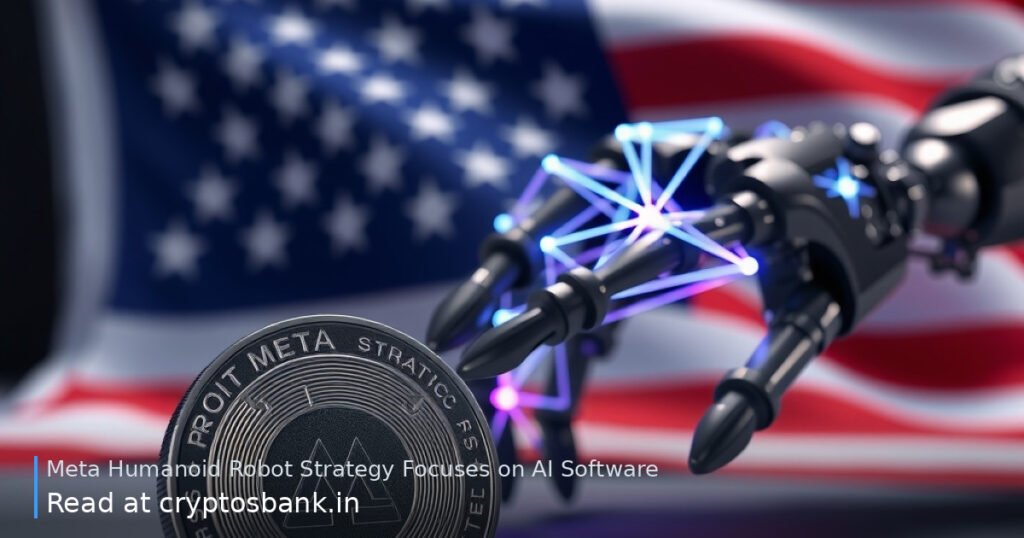Meta robotics and AI software push illustrated with a dark silver coin and robotic hand against the US flag.