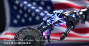 Meta robotics and AI software push illustrated with a dark silver coin and robotic hand against the US flag.