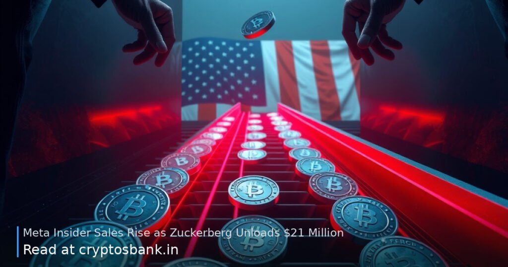 Blue meta-style coins sliding down a steep dark staircase with red downward light trails and a blurred US flag.