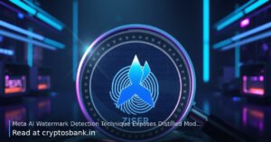 A magnifying glass reveals a glowing digital watermark on an abstract AI token in a futuristic lab.