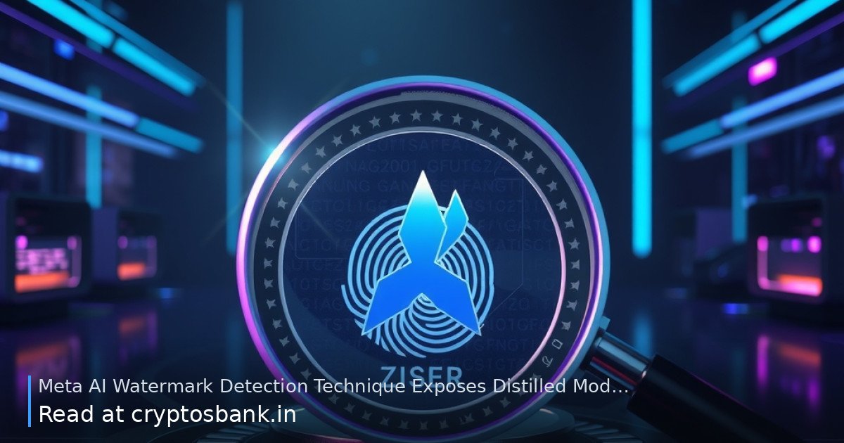 A magnifying glass reveals a glowing digital watermark on an abstract AI token in a futuristic lab.
