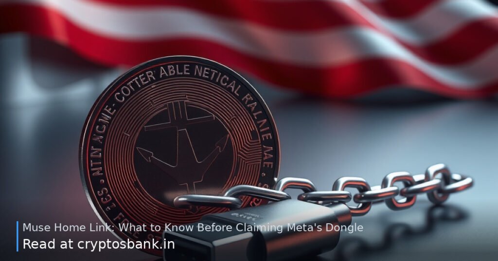 A USB-C dongle attached to a heavy chain next to a crypto coin, with the US flag in the background.