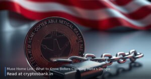 A USB-C dongle attached to a heavy chain next to a crypto coin, with the US flag in the background.