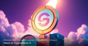 A futuristic magnifying glass scanning a glowing treasure chest with teal and purple crypto coins on a launch pad.