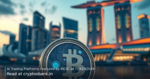 A futuristic crypto coin with glowing circuits in front of a financial building and Singapore skyline.