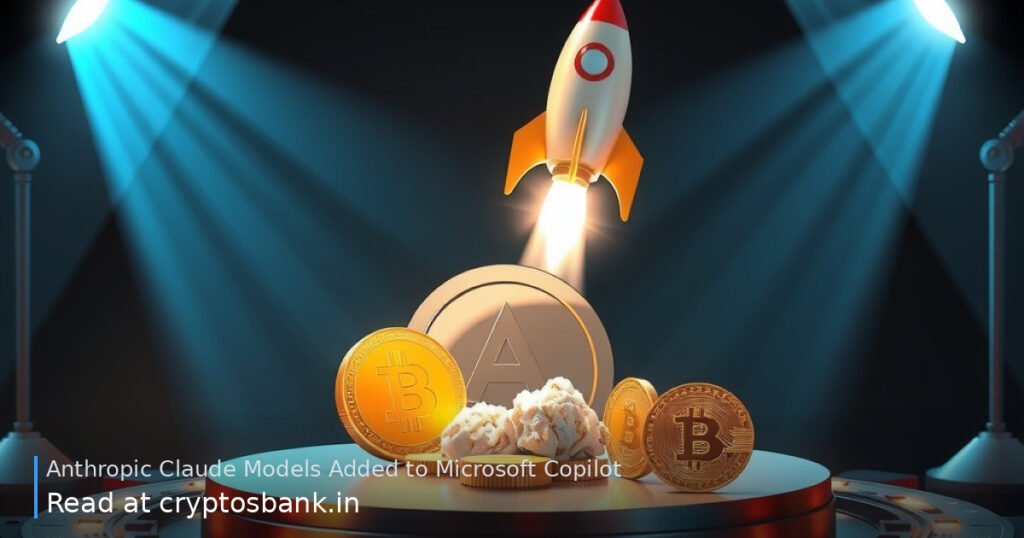 Two distinct tech tokens sit together on a launch pad as a rocket lifts off with bright beams of light.