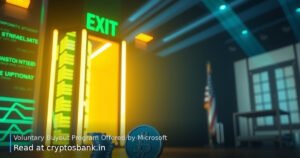 A glowing open golden door next to an AI server tower and tech coin, symbolizing a voluntary buyout program.