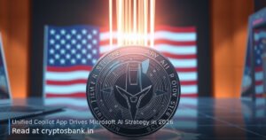 Digital illustration of AI strategy restructuring with abstract tech coin and US flag background.