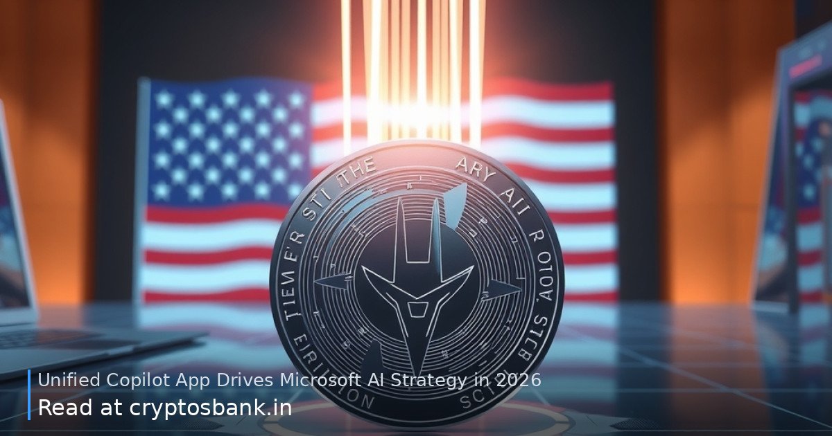 Digital illustration of AI strategy restructuring with abstract tech coin and US flag background.