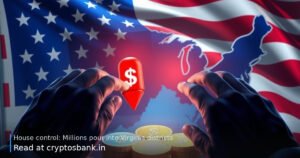 Coins and US flag representing campaign funds pouring into competitive Virginia districts.