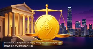 A golden coin on scales of justice with the Hong Kong skyline at dusk in the background.