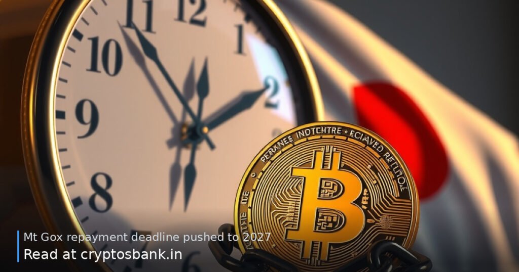 A gold Bitcoin beside a chained clock symbolizing the Mt. Gox repayment deadline extension.