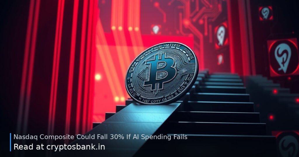 A dark silver coin slides down a red-lit staircase amid glowing AI server graphics, symbolising a tech market crash.