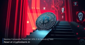 A dark silver coin slides down a red-lit staircase amid glowing AI server graphics, symbolising a tech market crash.