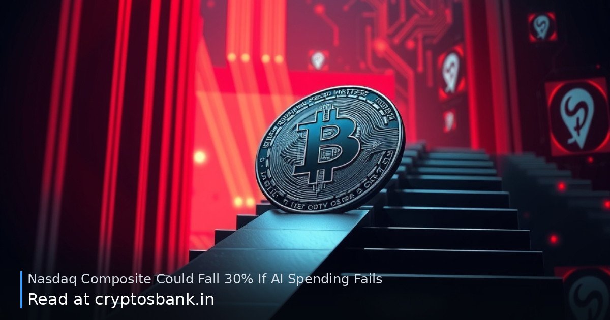A dark silver coin slides down a red-lit staircase amid glowing AI server graphics, symbolising a tech market crash.