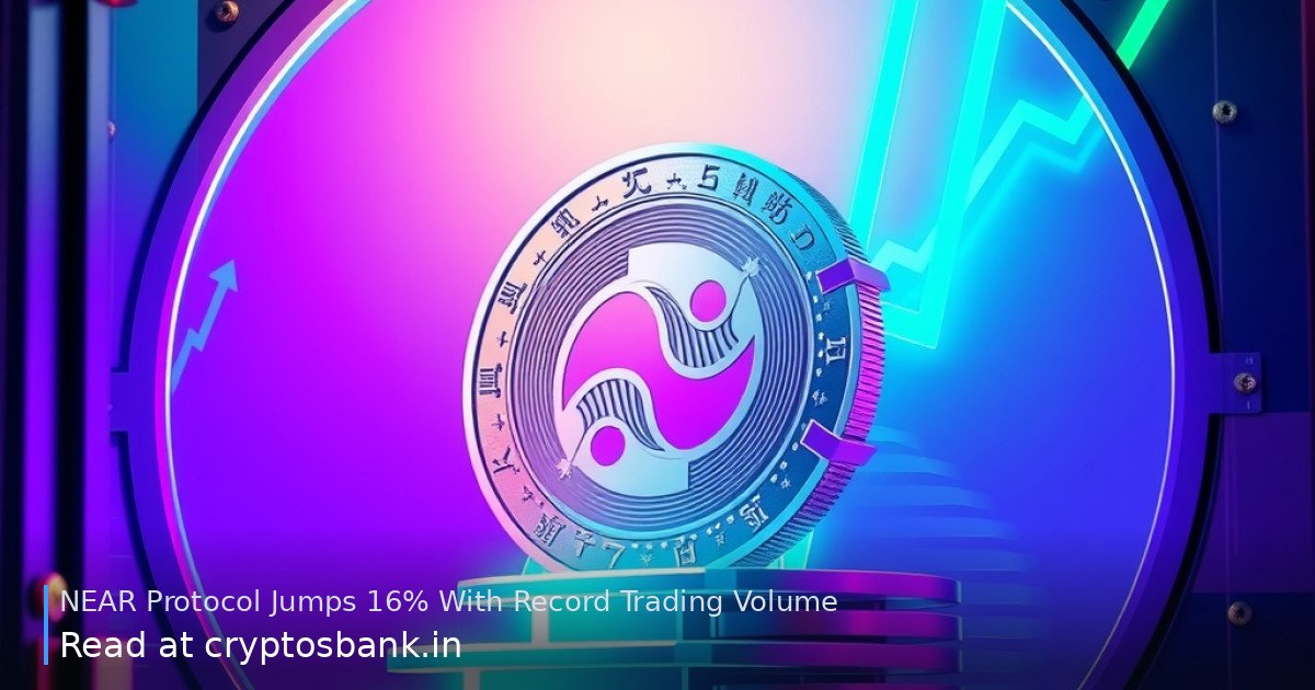 NEAR Protocol coin in a glass vault and climbing a glowing green staircase.