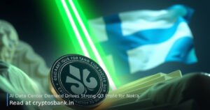 Nokia AI data center demand surge illustration with rising green light trails and the Finnish flag