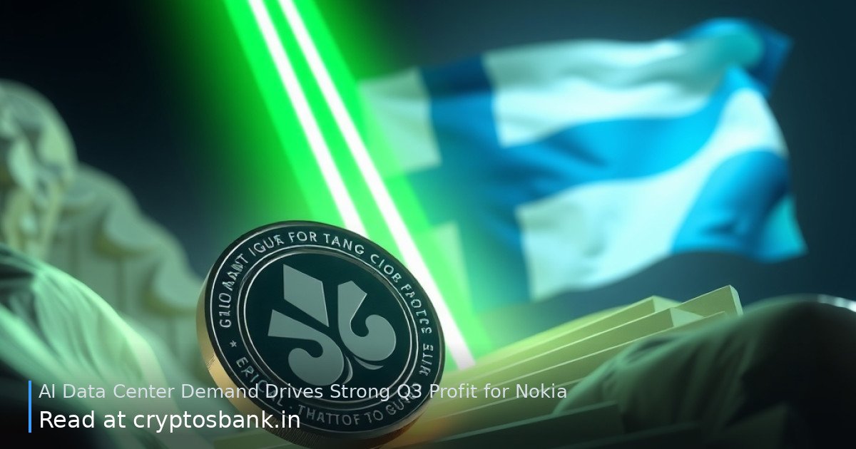 Nokia AI data center demand surge illustration with rising green light trails and the Finnish flag