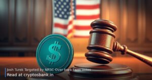 A dollar coin and a gavel on a desk with the US flag in the background.