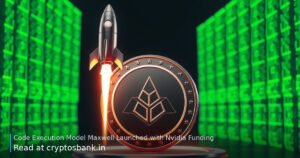 An illustration of a dark silver coin on a launch pad with a rocket lifting off amid glowing green digital grids.