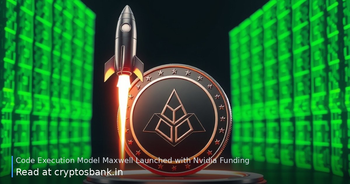 An illustration of a dark silver coin on a launch pad with a rocket lifting off amid glowing green digital grids.