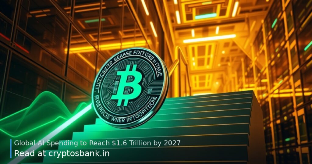 An abstract silver coin climbing a glowing green staircase toward a massive AI data center.