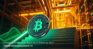 An abstract silver coin climbing a glowing green staircase toward a massive AI data center.
