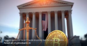 Bitcoin coin and scales of justice before a government building with the US flag.