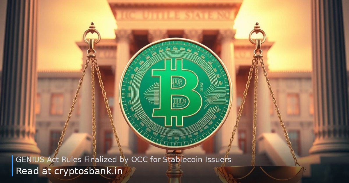 A stablecoin on the scales of justice before a government building with the US flag.