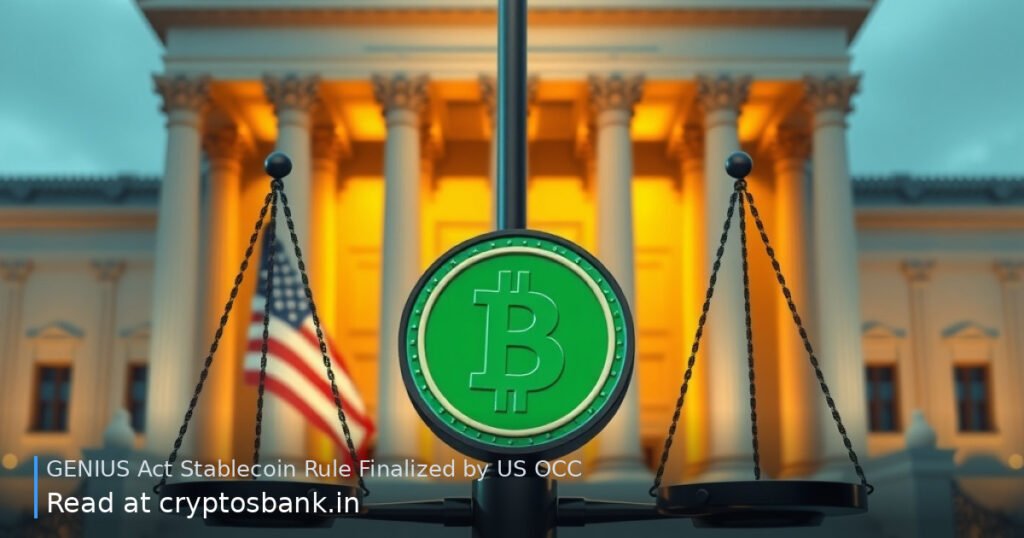 Stablecoin coin resting on scales of justice before a government building with the US flag.