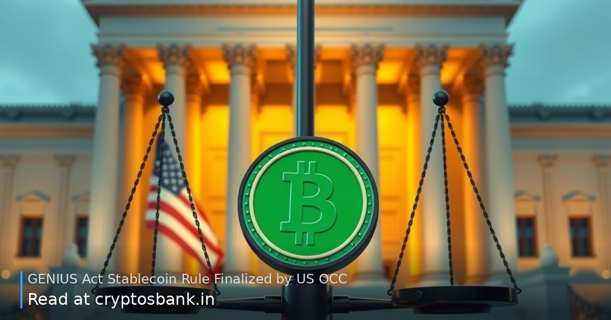Stablecoin coin resting on scales of justice before a government building with the US flag.