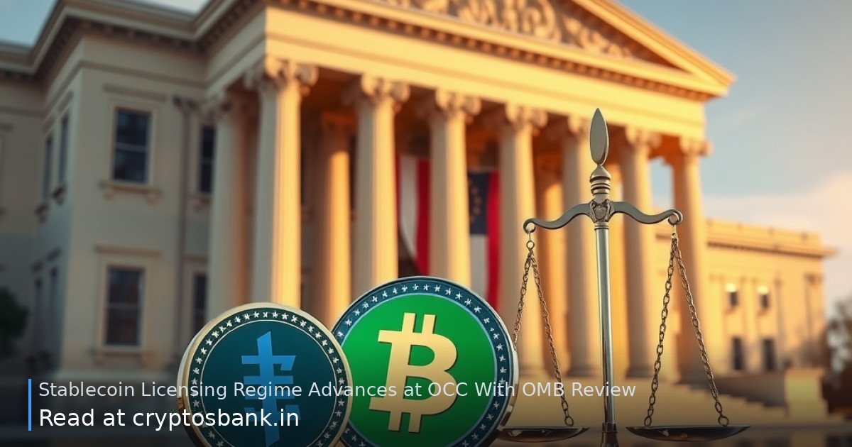 Stablecoin resting on scales of justice before a government building with the US flag.